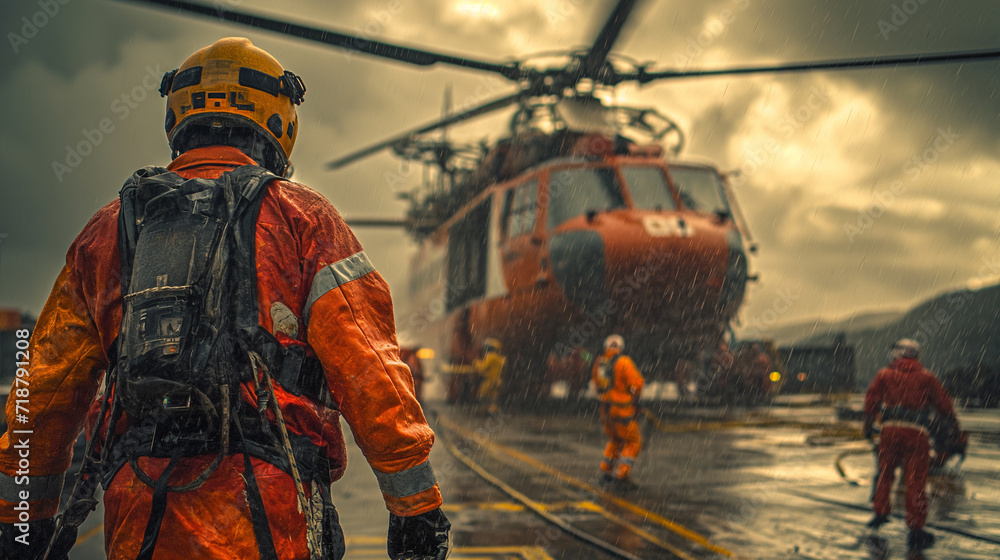 9:16 OR 16:9 Rescuers rescue victims at sea such as oil rigs, gas rigs, ships in bad weather conditions with helicopters.
