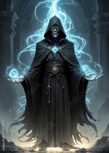 Grim reaper over dark, misty background with copy space