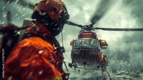 9:16 OR 16:9 Rescuers rescue victims at sea such as oil rigs, gas rigs, ships in bad weather conditions with helicopters. photo