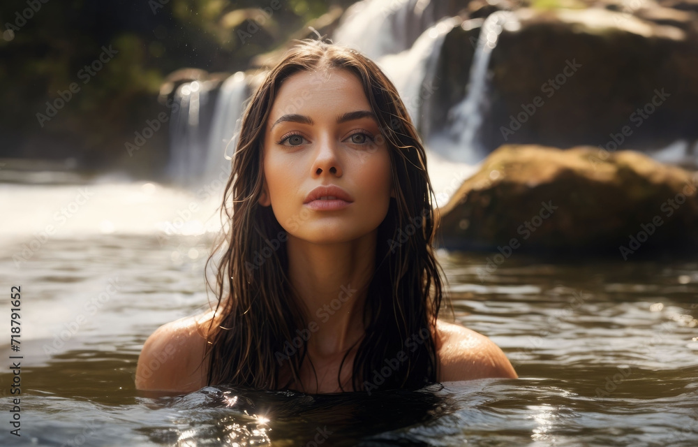 woman in lake, big waterfall in background. home spa in nature. Summer relax in pool