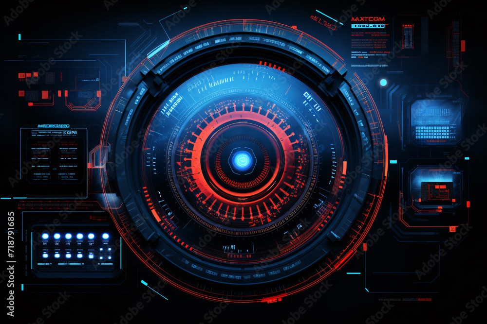 Technology Background with HUD Design, Blue and Red Neon Color, High Detail Technology Background with HUD Design, Blue and Red Neon Color, High Detail