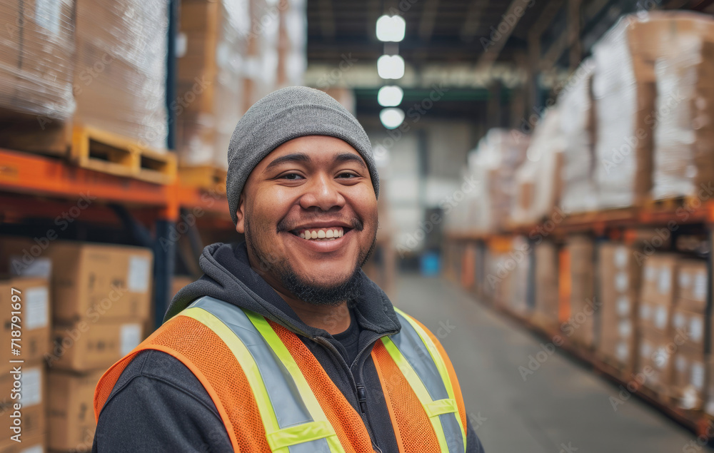 Warehouse, business and man employee or manager checking with happy smile for courier service, delivery or exports. Confident, successful and hard working male at factory for parcels or inventory Warehouse, business and man employee or manager checking with happy smile for courier service, delivery or exports. Confident, successful and hard working male at factory for parcels or inventory