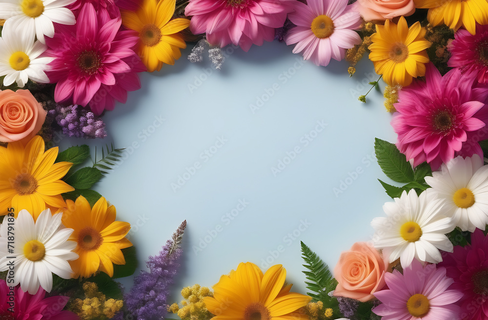 Frame of colorful different daisy flowers on a blue pastel background. Copy space. Mothers day Frame of colorful different daisy flowers on a blue pastel background. Copy space. Mothers day