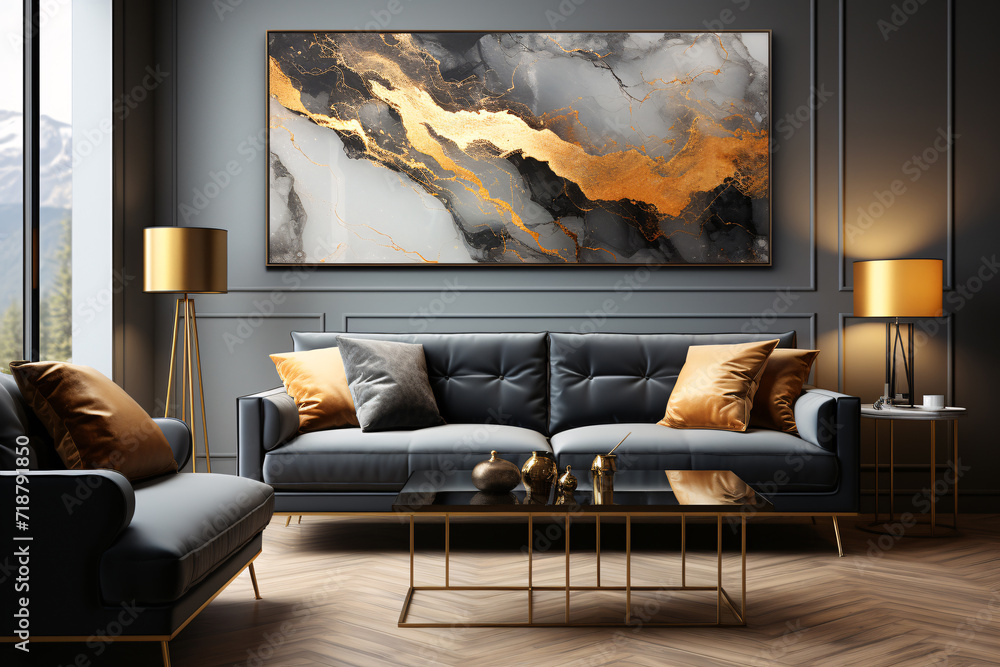 Modern Living Room with Abstract Black, Gold & Gray Ink Painting - obrazy, fototapety, plakaty 