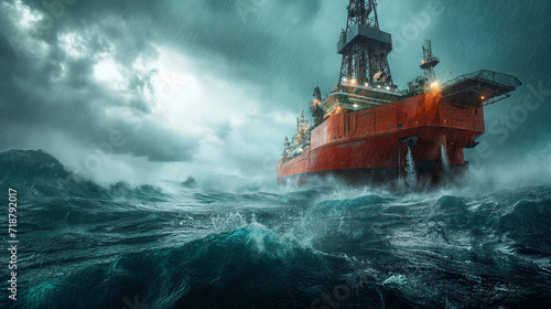 16:9 or 9:16 Engineers are working on an oil rig or natural gas rig at sea in extreme weather conditions. © jkjeffrey