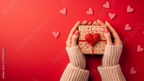 Close up on female hands holding a gift for valentine day, Valentines day background with a gift boxes , Generative AI 
