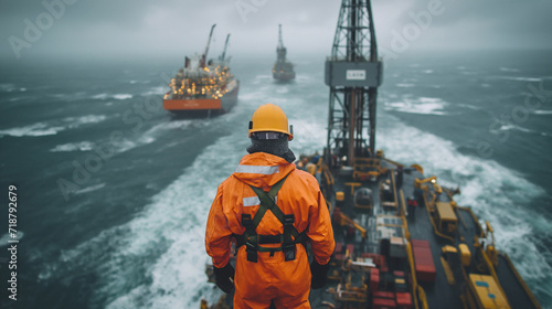 16:9 or 9:16 Engineers are working on an oil rig or natural gas rig at sea in extreme weather conditions. © jkjeffrey
