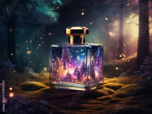A World Within a Bottle: A Hyperrealistic Miniature Forest.surreal bottle with a forest scent. magical home spa care