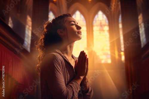 Praying hands in worship background, symbolizing faith and spirituality. photo