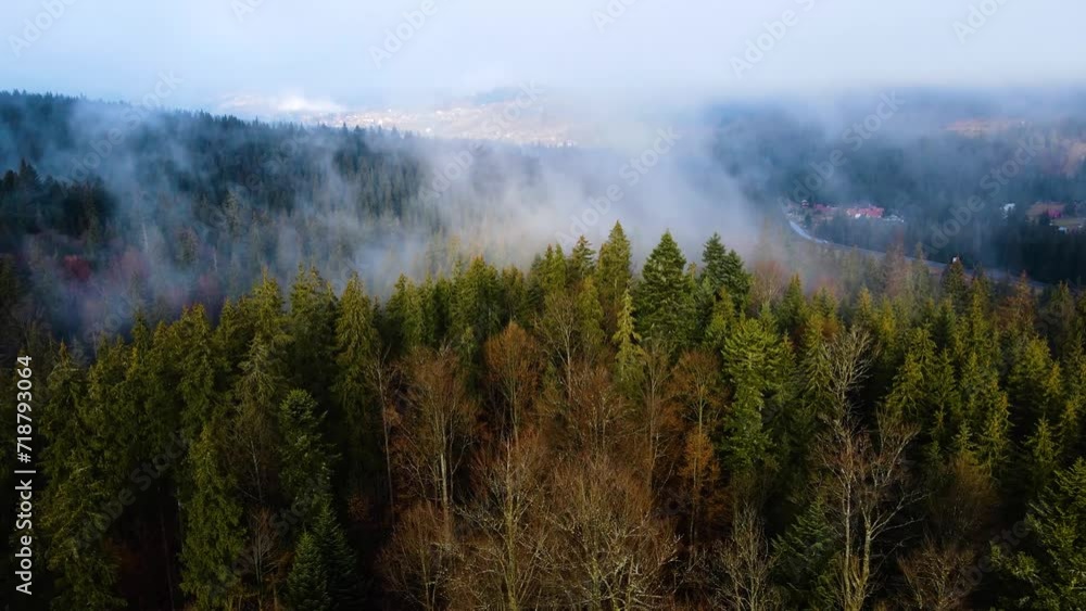 flying drone over the cloudy fog haze of the Black Forest in southern Germany. Black forest View from Mount Blauen to Belchen. flying drone over the cloudy fog haze of the Black Forest in southern Germany. Black forest View from Mount Blauen to Belchen.
