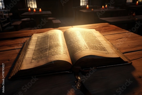 Bible on Wood Table with Divine Light Church Concept