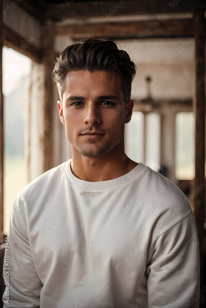 Vertical portrait of young man brown-haired latino man wearing white hoodie and beach background with copy space. full body portrait of senior black bearded male with short brown hair and green eyes, Vertical portrait of young man brown-haired latino man wearing white hoodie and beach background with copy space. full body portrait of senior black bearded male with short brown hair and green eyes,