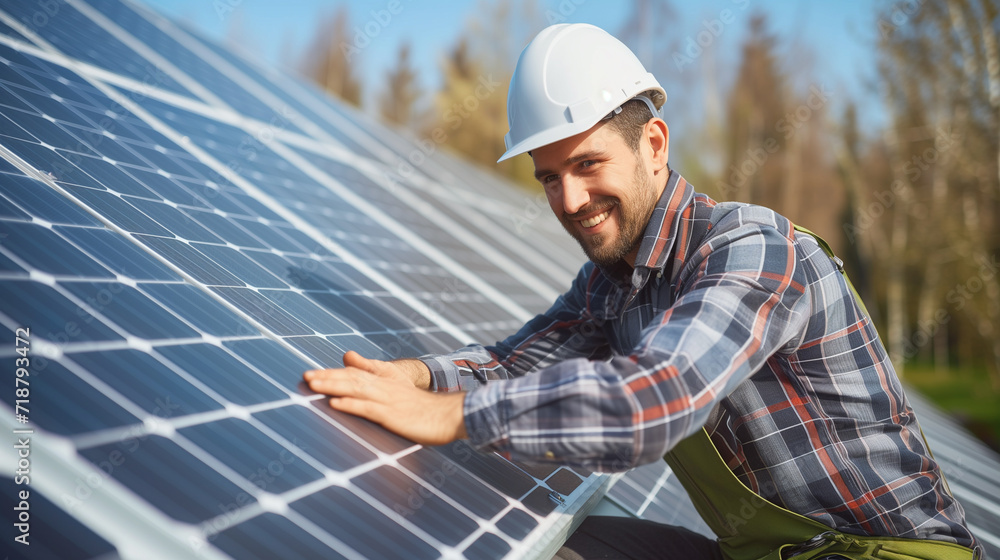 Technician installing solar panels on a roof, setting up photovoltaic solar panel system, sustainable energy home concept , Generative AI Technician installing solar panels on a roof, setting up photovoltaic solar panel system, sustainable energy home concept , Generative AI