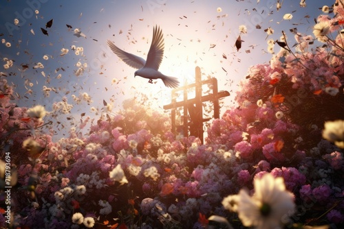 Symbols of Jesus resurrection, flowers, light, and birds.