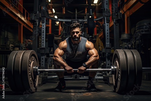 Muscular man preparing to lift heavy barbell in a dark gym setting, showcasing strength and determination.
