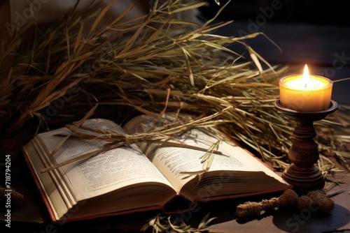 Symbolic Christian objects on table with abstract background.