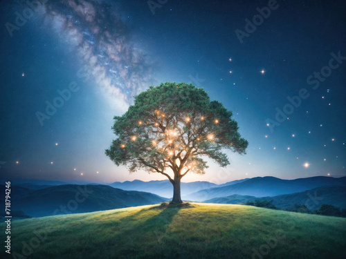 a lone tree stands on a hill. sky filled with shimmering stars and a luminous Milky Way