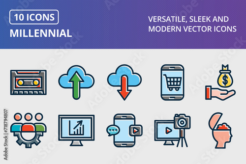 Millennial Thick Line Filled Dark Colors Icons Set
