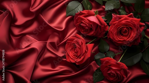 red roses on red fabric background