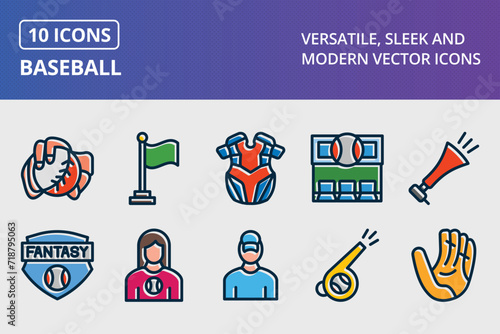 Baseball Thick Line Filled Dark Colors Icons Set