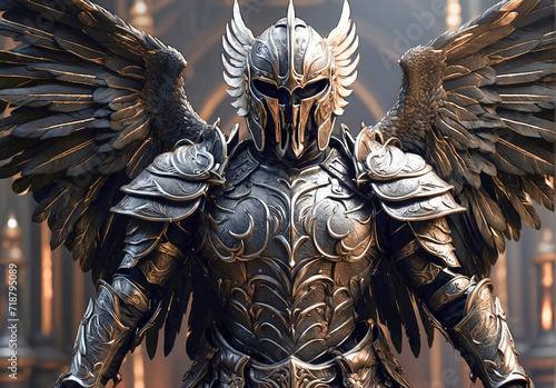 Warrior angel after the battle with massive wings. a dark paladin with black wings and black armor