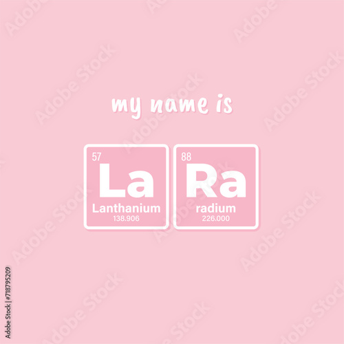 Vector inscription name LARA composed of individual elements of the periodic table. Text: My name is. Blue background