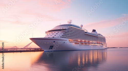 A modern, white cruise ship near the pier at sunset, side view. Travel and vacation © masyastadnikova