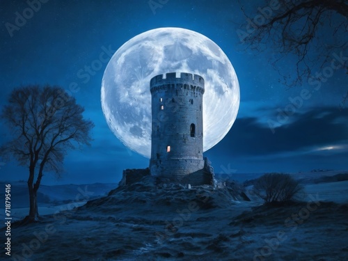 Medeval tower under a blue Moon in ruin schattered landscape photo