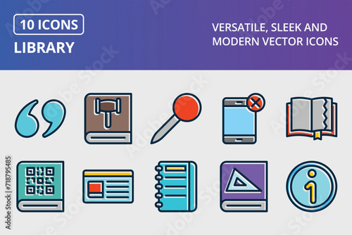 Library Thick Line Filled Dark Colors Icons Set