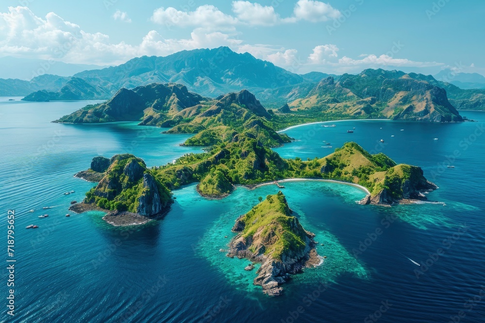 Aerial view of lush green island clusters amidst vibrant blue seas and rugged mountains.