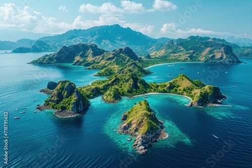 Aerial view of lush green island clusters amidst vibrant blue seas and rugged mountains.