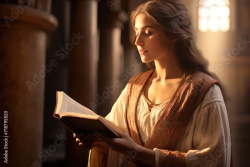 Christian woman reading Bible in ancient temple, symbolizing faith and spirituality