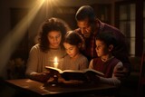 Christian family reading Bible and praying together.
