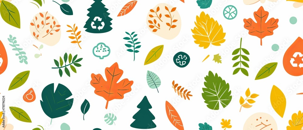 Colorful seamless pattern with leaves and recycling icon Colorful seamless pattern with leaves and recycling icon