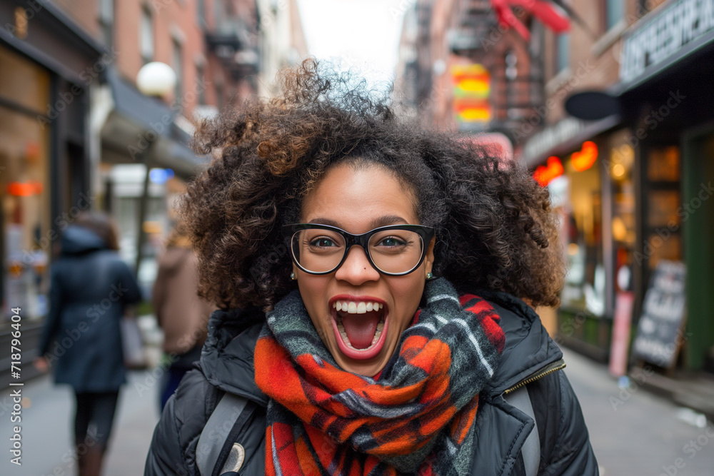 Fototapeta premium Joyful Young Woman with Glasses and Scarf on City Street
