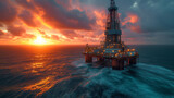 16:9 or 9:16 An oil rig or natural gas rig at sea in extreme weather conditions.