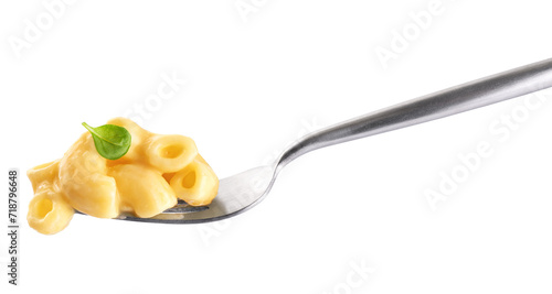 Fork with creamy macaroni and cheese isolated on white background. Mac and cheese. With clipping path. photo
