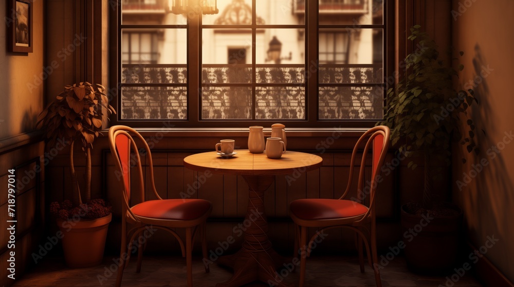 The interior of the cafe with a table for two people at the window overlooking the street