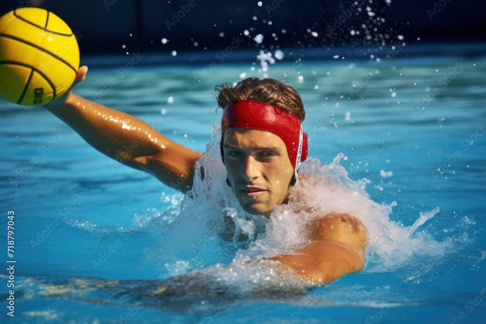 An athlete in a red headband plays water polo intensely.
