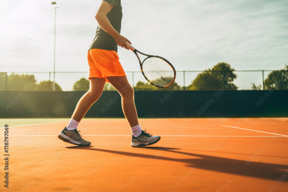 A tennis player walks on a clay court, carrying a racket, preparing for a match.
