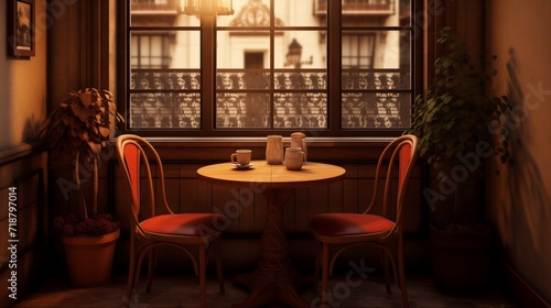 The interior of the cafe with a table for two people at the window overlooking the street © Katya
