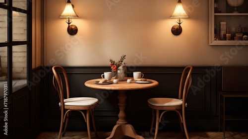 The interior of the cafe with a table for two people