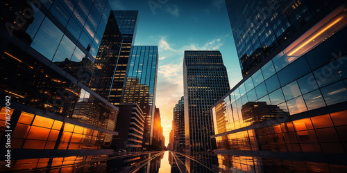 Low angle view of skyscrapers, hyperrealistic, Spectacular Modern Office Building in the City Lights 