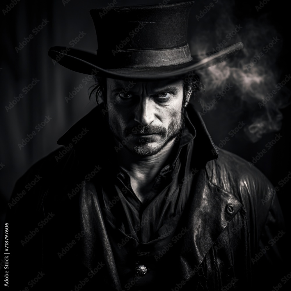 Dramatic black and white image of a cowboy with a smoky background. Dramatic black and white image of a cowboy with a smoky background.