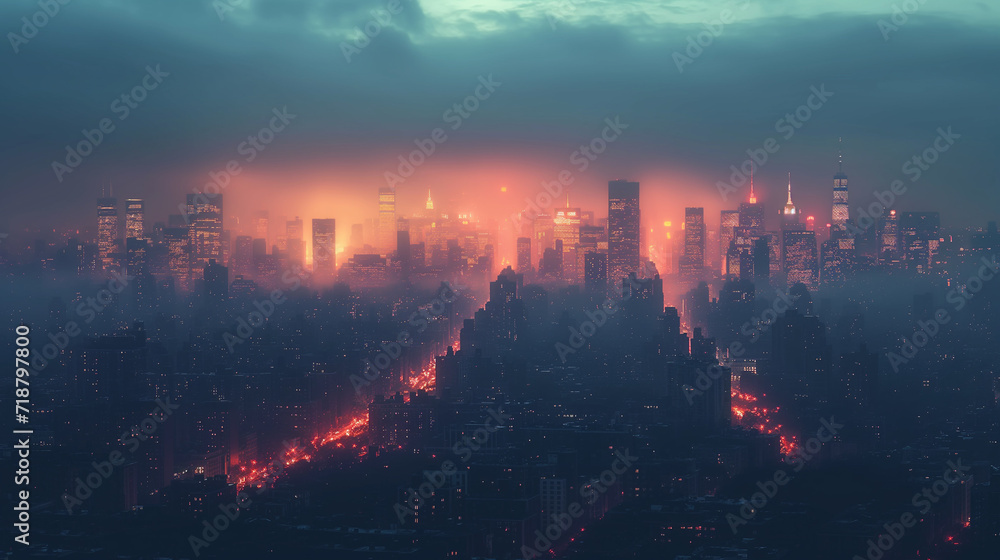 Fototapeta premium Epic Dusk View of City Skyline with Glowing Lights and Hazy Atmosphere