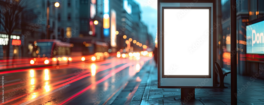 Bus stop poster advertisement mockup with city street in background. Bus stop poster advertisement mockup with city street in background.