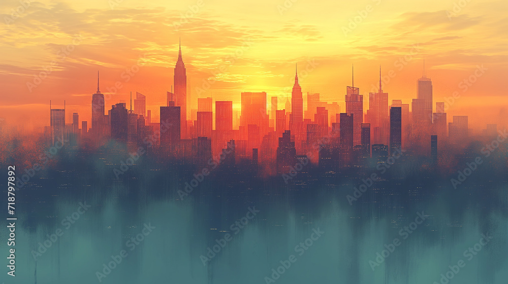 Golden Sunrise Over Misty City Skyline with Reflective Water Surface