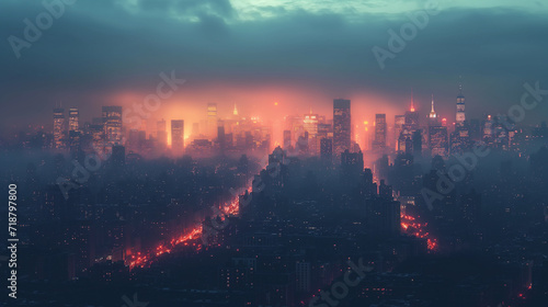 Epic Dusk View of City Skyline with Glowing Lights and Hazy Atmosphere