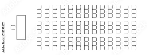 Graphic schema of seats in lectorium, meeting, conference, training, seminar, business event. Desk and chairs icons. Furniture symbols. Auditorium seating plan top view