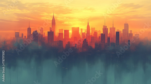 Golden Sunrise Over Misty City Skyline with Reflective Water Surface
